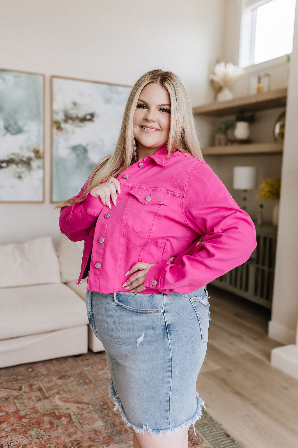 Hot pink Denim jacket, strawberry